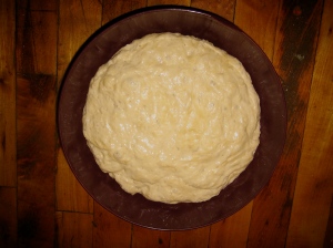 The dough, doubled in volume.